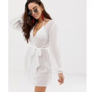 Long sleeve wrap tie chiffon beach kimono/cover up